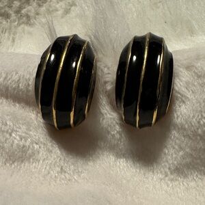 Napier Vintage Black Enamel and Gold Tone Striped Pierced Back Earrings